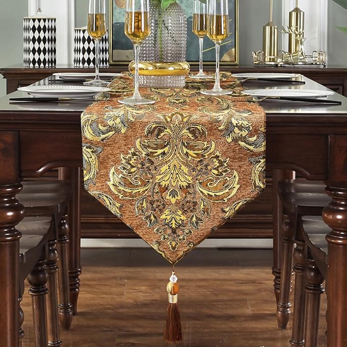 Vintage Table Runner 13x98 Premium Chenille Caramel Euro Floral Pattern | - Image 7