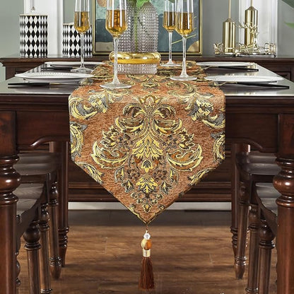 Caramel Table Runners 108 inches Long Vintage French Floral Chenille Cloths | - Image 7