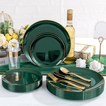 YOUBET 175PCS Green Plastic Plates - Green and Gold Disposable Plates Include 50 Plate, 75 Silverware, 25 Cups, 25 Napkins for Wedding & Party