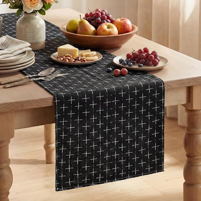Artoid Mode Black Cross-Star Textured Table Runner, Seasonal Waterproof Rustic by ArtoidMode