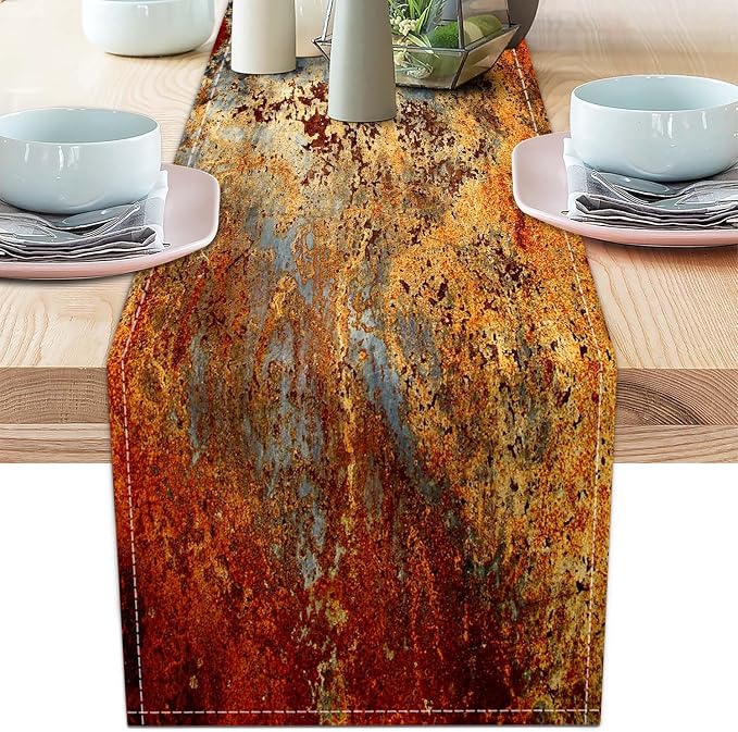 Brown and Orange Table Runner Inch Modern Abstract Messy Rust Painting Linen by AILUER
