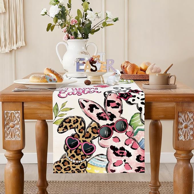 Happy Easter Bunny Table Runner, Egg Burlap Table Runners, Spring Leopard Print - Image 3