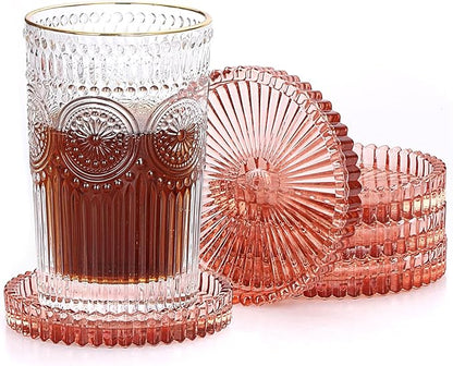 JUXYES 5 Pack Amber Tone Crystal Coasters Round Cup Mat, Glass Coasters for Drinks Coffee Tea Wine, Decorative Wine Bottle Coaster, Crystal Drink Coaster for Restaurant bar Kitchen Dining Table
