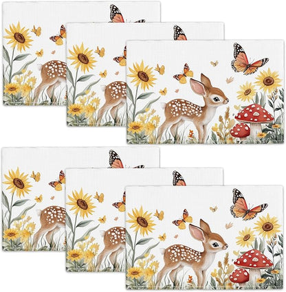 Cute Deer Placemats Set of 6, Sunflower Butterfly Place Mats, Sika Deer Waterproof Washable Table Mats for Home Party Indoor Kitchen Dining Table Decoration 12x18 Inch