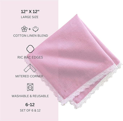 Fingercraft Dinner Cloth Napkin Cotton Linen Blend 12 Pack 12In Mitered Corners with Elegant Lace for Everyday Use Napkins Cloth are Pre Shrunk and Good Absorbency Pastel Rose