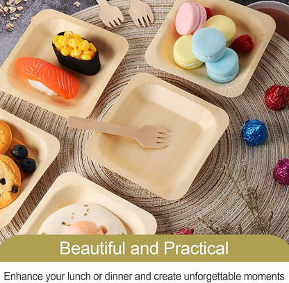 100 Pcs Disposable Palm Leaf Bowls, Square Bamboo Appetizer Plates, Compostable Wood Plates with Bamboo Forks for Birthday Wedding Party, Dessert, Catering and Home Use (4.4 x 4.4x0.5 Inch)