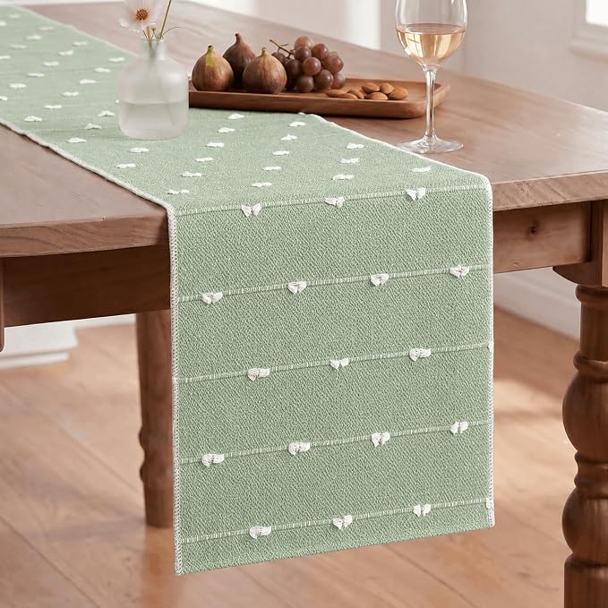 Artoid Mode Sage Green Farbic Rustic Cotton Woven Table Runner, Farmhouse - Image 2