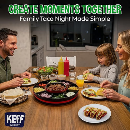 KEFF Taco Tuesday Kit - Taco Bar Serving Set for a Party, Lazy Susan Serving Dish 6 Sections, 4 Tacos Holder, Condiment Containers, Squeeze Bottles, Tongs, Recipes & Instructions - Tailgate Essentials