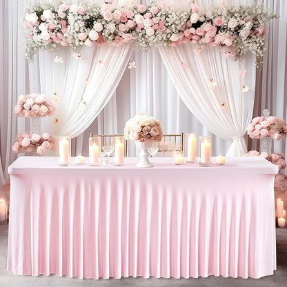Wish Care 2 Pack Pink Spandex Table Clothes for 8 Foot Rectangle Tables, 8FT Wrinkle Free Fitted Tablecloths Ruffles Design Table Cover for Party, Banquet, Wedding and Events