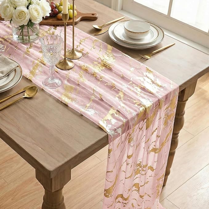 Artoid Mode Marble Pattern Pink Gauze Table Runner 10FT, Glitter Metallic Foil - Image 6