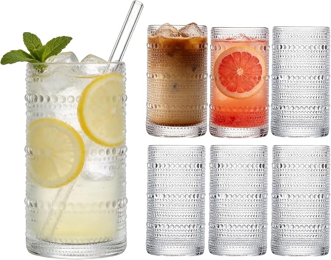 Large Hobnail Drinking Glasses Set of 6, 16oz | Highball Glasses Embossed Water by Unknown