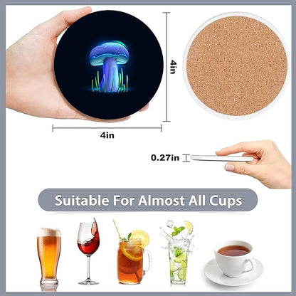 6 Pcs Coasters for Drinks with Holder,Magical Glowing Mushrooms Absorbent Coaster with Cork Backing,Great Gift for Housewarming,Room Decor,Bar,Holiday Party