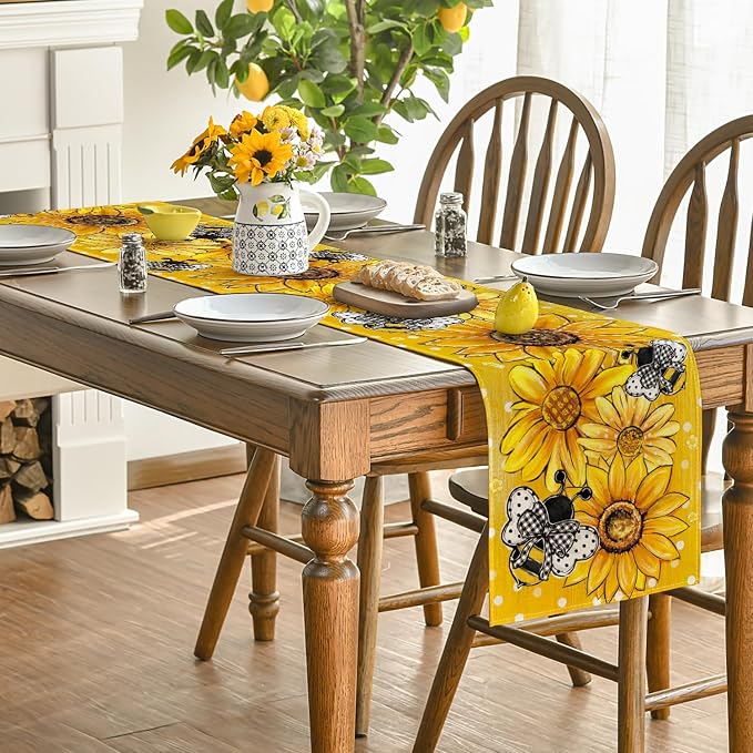 Artoid Mode Yellow Sunflower Bee Flower Polka Dot Summer Table Runner, Seasonal - Image 4