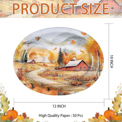 Grencian 50 Pcs Fall Landscape Oval Paper Plates Thanksgiving Oval Paper Plates 10" x 12" Large Disposable Heavy Duty Autumn Scenery Platters for Fall Theme Party Harvest Holiday Party Supplies