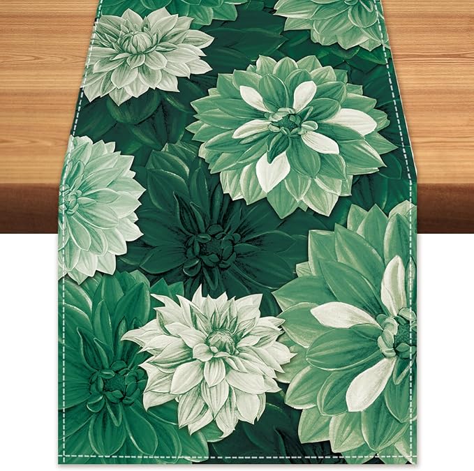 Deep Green Dahlia Flower Summer Table Runner Green Gray Burlap Table Runners by BEAUTYROMANCEFORYOURLIFE