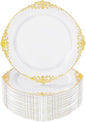 Nervure 100Pcs White and Gold Plastic Plates - 10.25Inch Gold Disposable Plates - Heavyweight Dinner Plate for Wedding & Party