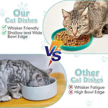 Silicone Dog Bowl Shallow Cat Food Bowls 7" Wide Puppy Plates Whisker Fatigue Pet Feeding Dishes Set of 2 for Dry and Wet Food Indoor (Round Blue)