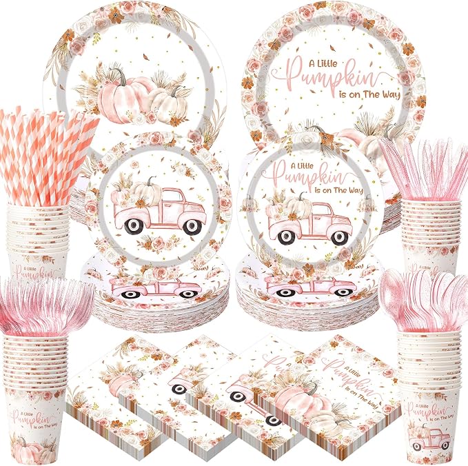 450 Pcs Little Pumpkin Baby Shower Set Decorations, Serves 50 | Pink A Little by Unknown