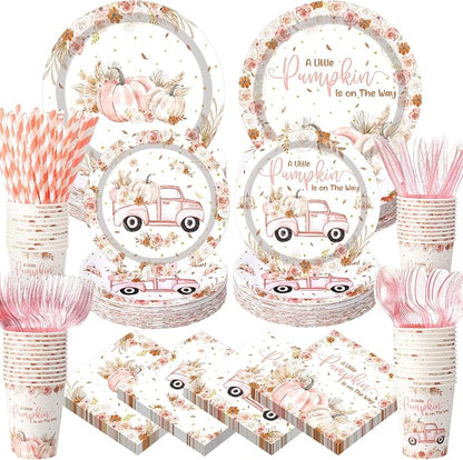 450 Pcs Little Pumpkin Baby Shower Set Decorations, Serves 50 | Pink A Little by Unknown