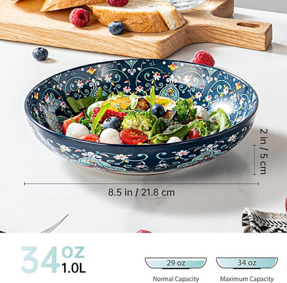 HENXFEN LEAD 33 oz Ceramic Pasta Bowls Set of 4, 8 Inch Wide & Shallow Bowls – Colorful Serving Bowls for Salad, Soup, Pasta, Microwave & Dishwasher Safe