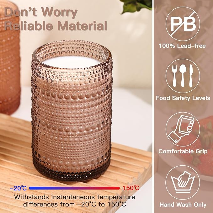JOVGANK Venus Vintage Hobnail Drinking Glasses Set of 6, Water Tumbler 15oz - Image 3