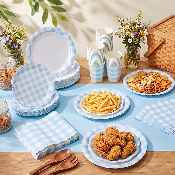 Funnymoom 250 Pcs Blue Gingham Paper Plates and Napkins Party Supplies Blue - Image 6