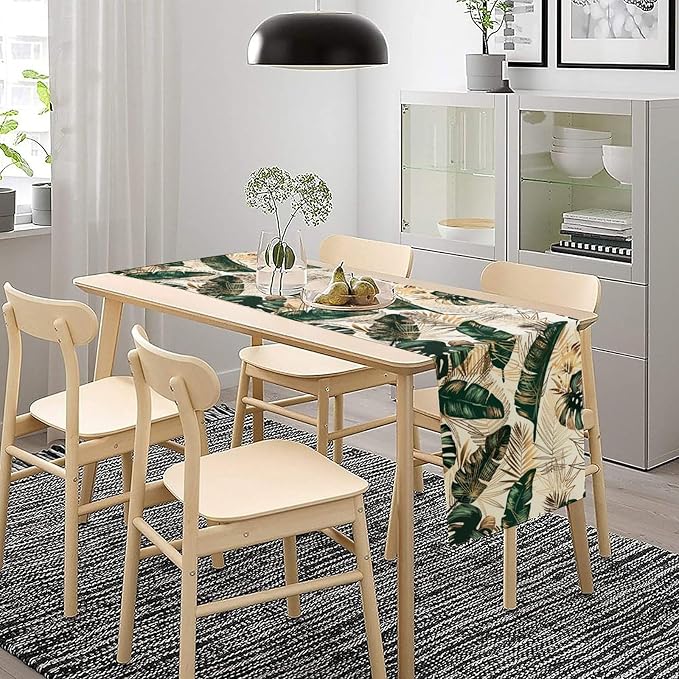 Gold Tropical Leaves Table Runner Jungle Green Plam Leaves Retro Boho Hawaii - Image 3