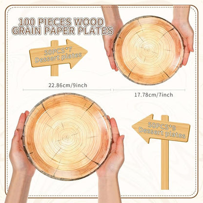 Tioncy 100 Pieces Wood Grain Paper Plates 7" 9" Rustic Wood Slice Plate Farmhouse Round Disposable Dinner Dish for Woodland Baby Shower Lumberjack Birthday Party Supplies