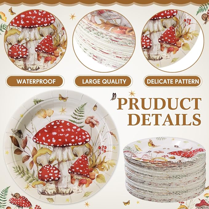 Gerrii 60 Pcs Watercolor Mushroom Party Plates 7 Inch Red Mushroom Birthday - Image 3