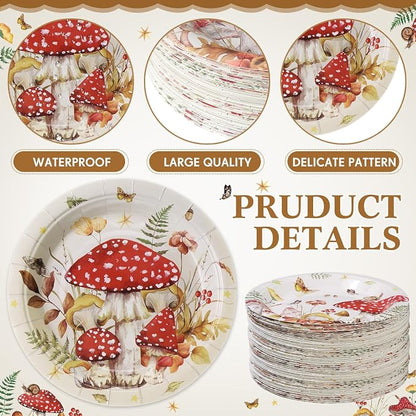 Gerrii 60 Pcs Watercolor Mushroom Party Plates 7 Inch Red Mushroom Birthday - Image 3