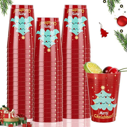 I00000 50Pcs 12oz Christmas Tree Design Christmas Plastic Cups, Premium Disposable Cups Cocktail Cup, Red Xmas Party Cup with Star Pattern Design, Perfect for Xmas Party