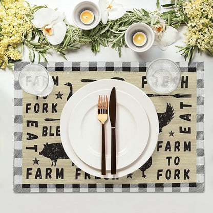 Farm Animal Cow Table Mat Set of 4，Farmhouse Chicken Decor Buffalo Plaid Rectangular Linen Placemats with Non-Slip Kitchen Table Decor 12x18 Inch for Party Kitchen Dining