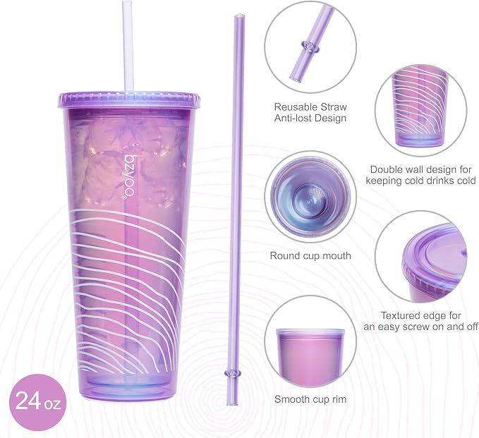 bzyoo 24oz Plastic Tumbler Cup, Lid & Straw, Iced Coffee, dishwasher safe - Image 7