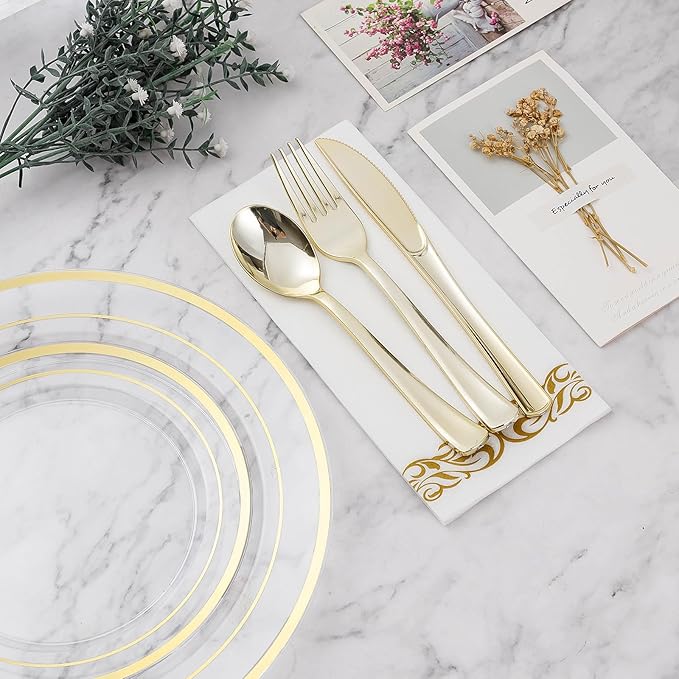 BESTVIP 700PCS Clear Gold Disposable Dinnerware Set for 100 Guests, Plastic Plates for Party, Wedding, Christmas, Include: 200 Plastic Plates, 100 Gold Silverware, 100 Cups, 100 Napkins