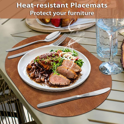 ADRIMER Placemats, Heat Resistant Oval Placemats Set of 8 Washable 12 x 17 Inch, Waterproof Table Mats, Wipeable Pu Place Mats for Kitchen, Dining Room, Turmeric Brown