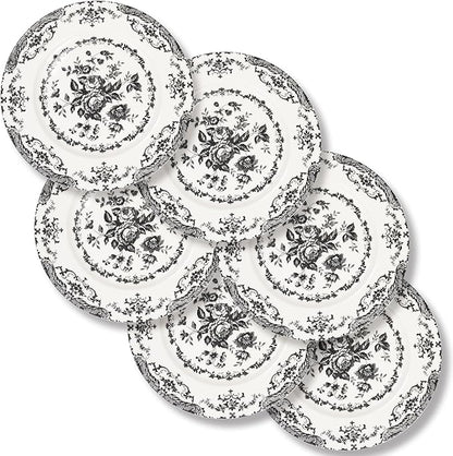 Salad Plates, 8.5 Inch Ceramic Plates Set of 6, Kitchen Plate Microwave Safe, White Porcelain Dessert Plate Porcelain Serving Dishes, Black