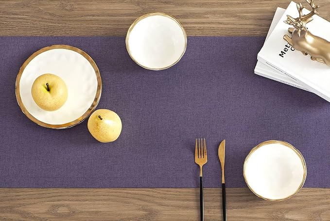 Basic Linen Style Table Runner, 14x36 Inch Purple | Mitered Corner Design - Image 3