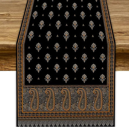 Vintage Paisley Table Runner, Boho Brown Black Flowers Leaves Print Table Runner by JanJCurt