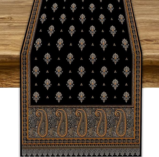 Vintage Paisley Table Runner, Boho Brown Black Flowers Leaves Print Table Runner by JanJCurt