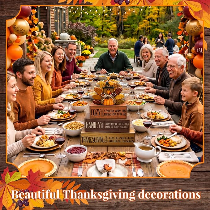 Moucuny 4 Pcs Fall Decorations for Home Wooden Turkey Decor Thanksgiving Tiered - Image 7