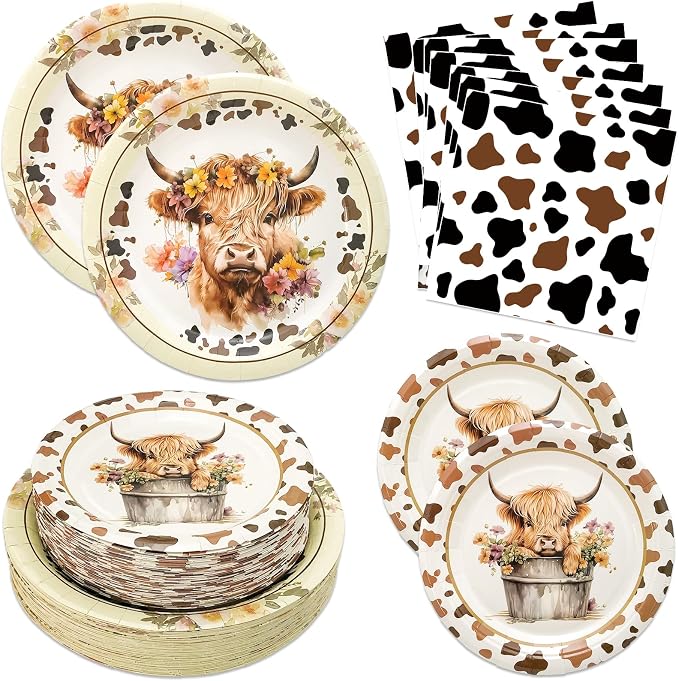 180PCS Highland Cow Paper Plates and Napkins Party Supplies Serve 60 | Brown by Osonm