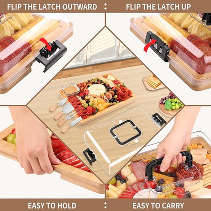 Charcuterie Board with Lid and Handle - Portable Travel Design Bamboo Cheese Board Set with 4 Cheese Tools, Gift for Housewarming, Weddings, Picnics(1 Compartment, Black)