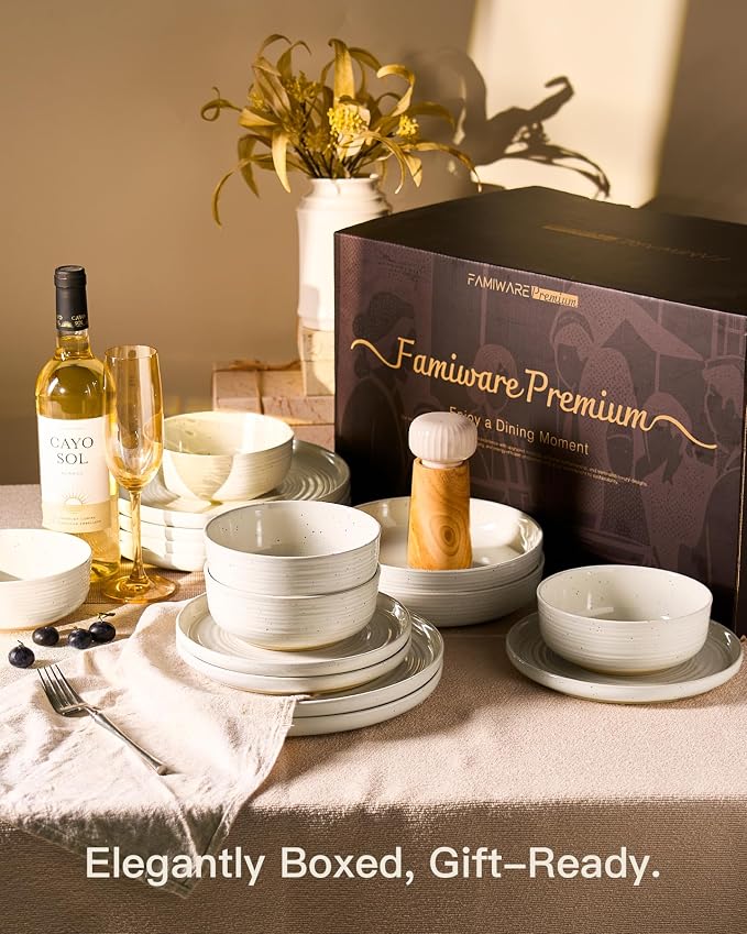 Stoneware Dinnerware Sets for 6, Plates and Bowls, Cream | 18-Piece Ceramic - Image 8
