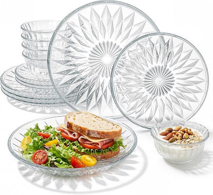 Havawish 18 Pcs Glass Dinnerware Set, Flowers | Clear Glass Plate and Bowl Sets by Havawish