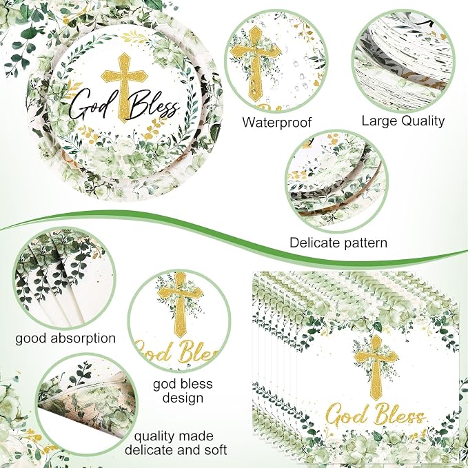 Pickmesh 250 Pcs God Bless Baptism Party Supplies Sage Green Disposable Paper - Image 2