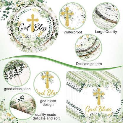 Pickmesh 250 Pcs God Bless Baptism Party Supplies Sage Green Disposable Paper - Image 2
