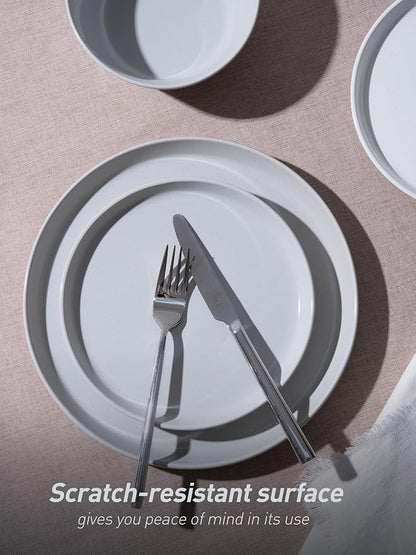 Famiware Saturn 16 Pieces Plates and Double Bowls Sets for 4, Stoneware Dinnerware Set with Pasta Bowl, Dish Set with Trim - Chip & Scratch Resistant, Microwave & Dishwasher Safe, Light Gray