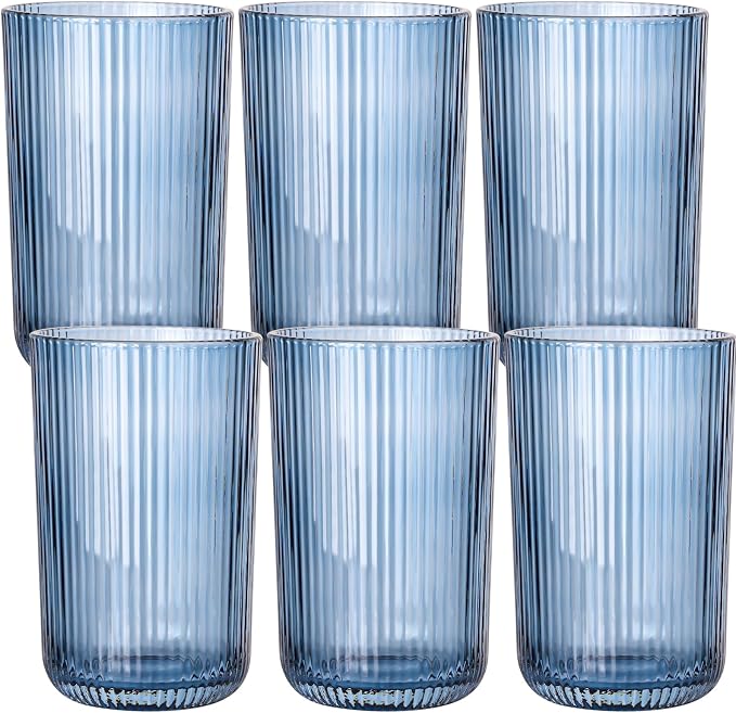 Blue Ribbed Highball Glasses Set of 6, 13.2oz Midnight Blue Colored Glassware by Vintacicle