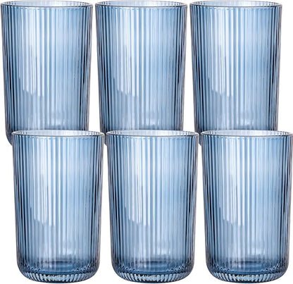Blue Ribbed Highball Glasses Set of 6, 13.2oz Midnight Blue Colored Glassware by Vintacicle
