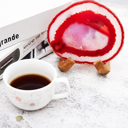 Luxury Lane Large Natural Brazilian Agate Slice Geode Rock Stone Drink Coaster with Wood Holder 4.7-5.5 inch Centerpiece Table Decoration, Red
